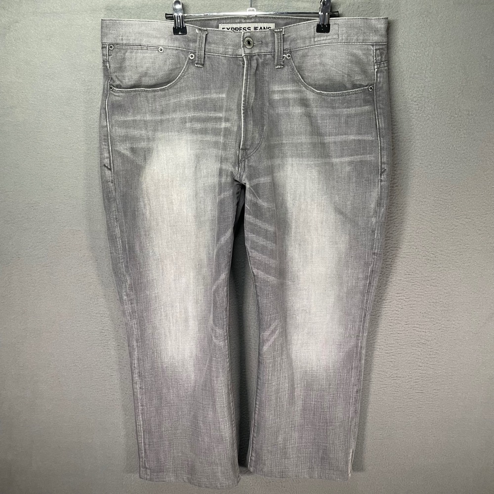 Express Mens Jeans 36x26 Gray Straight Leg Faded Denim Pants Hemmed Gore Punk